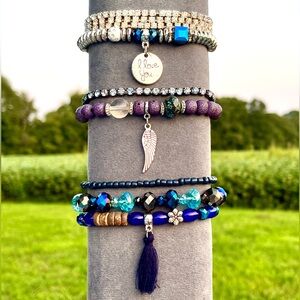 Shades Of Blue Stretch Stackable Bracelets Tassel Crystal Charms Gemstones Boho